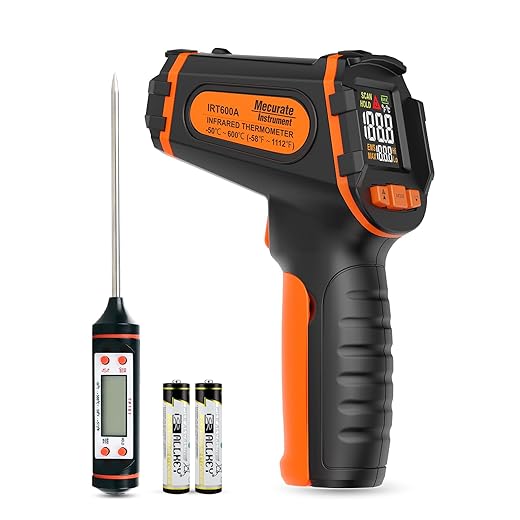 Mecurate Digital Infrared Thermometer Gun Non Contact Laser Temperature Gun -58℉～1112℉(-50℃～600℃) Adjustable Emissivity & Max Measure for Cooking/BBQ/Freezer with Food Thermometer