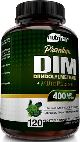 Miniatura 5 de NutriFlair DIM Suplemento 400 mg con bioperina, 120 cápsulas - Diindolilmetano - Apoyo al metabolismo de estrógeno y equilibrio hormonal