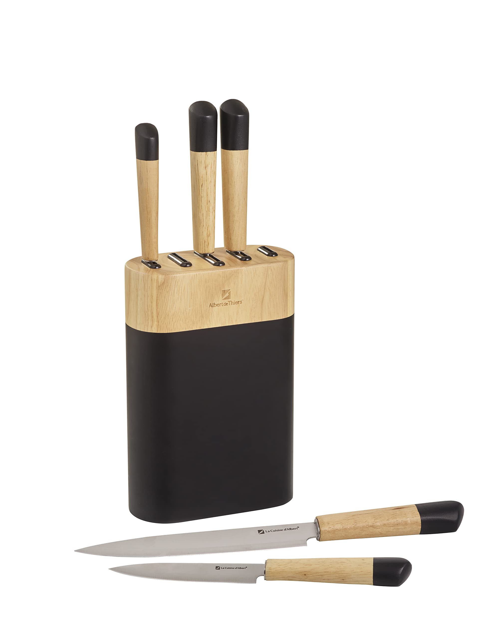 Albert de Thiers - Bloc de Couteaux L'Irremplaçable - 5 Couteaux en Acier Inoxydable 2Cr14 Gravé - Manches en Bois d'Hévéa - Bloc 15x22x7 cm - Lames Tranchantes et Durables - Boîte Cadeau Élégante