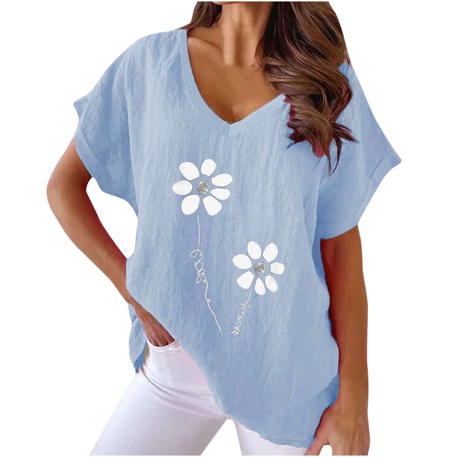 2023 Camiseta Manga Corta Mujer, Verano Algodón y Lino Moda Impresión Blusa Camisa Cuello en V Basica Camiseta Elegant Suelto Tops Casual Fiesta Cómodo T-Shirt Original tee Playa