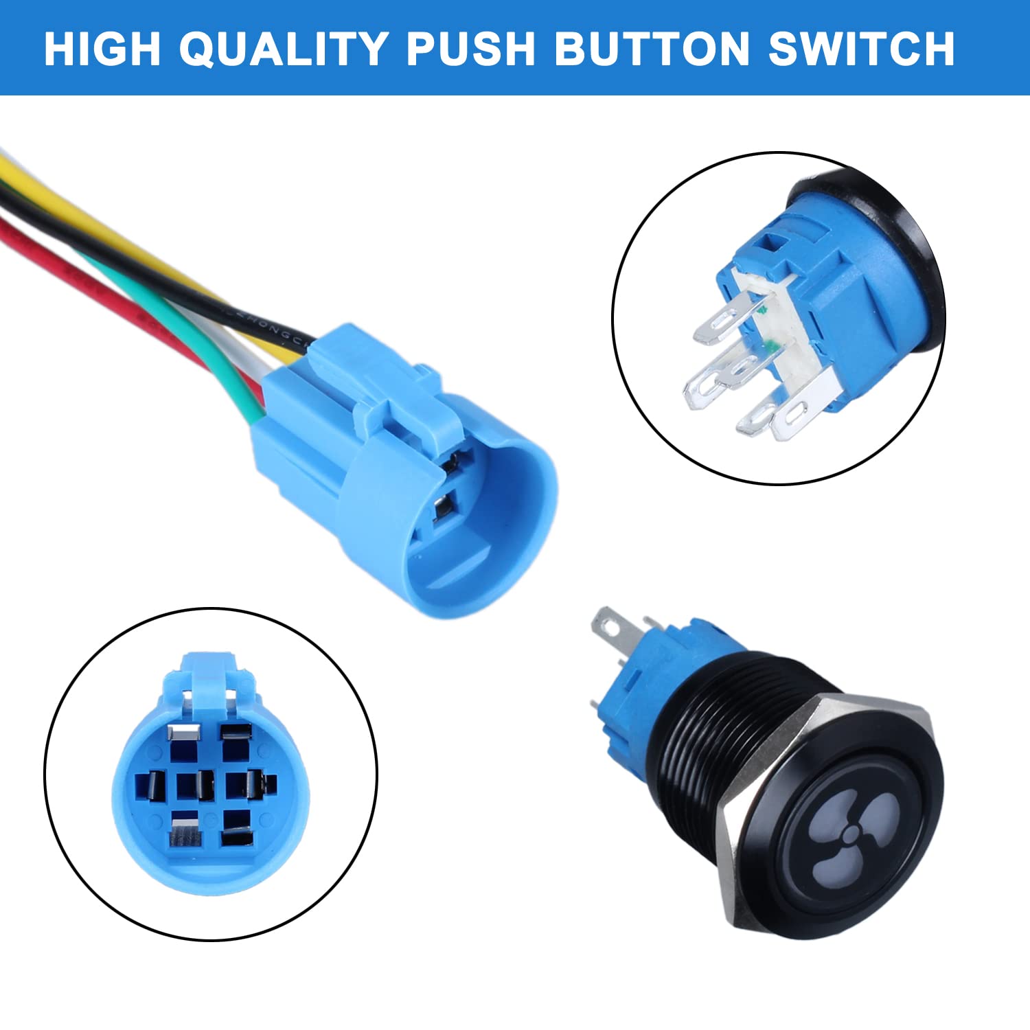 1pc 19mm Metal Latching Push Button Switch Fan Symbol 3/4" Mounting Hole 12V-24V 1NO 1NC SPDT with Pre-Wired Socket for Car Truck Boat Modification (Black Shell Blue LED)