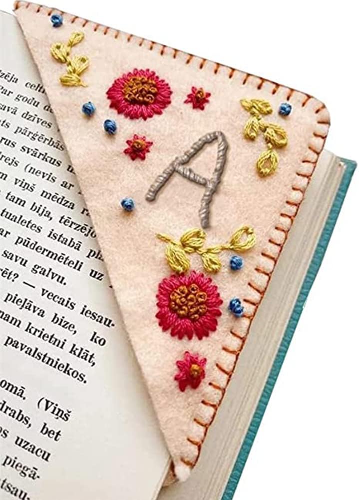 Personalized Hand Embroidered Corner Bookmark, Felt Triangle Page Stitched Corner Handmade Bookmark, Hand Stitched Flower Bookmarks for Book Lovers Letter A (Fall)