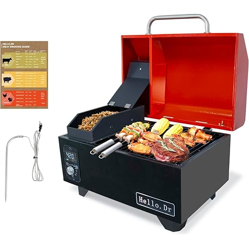 Portable Pellet Grill, Pellet Smoker with Digital Control, LED Screen, Meat Probe,for Outdoor Camping & Backpacking - Lightweight, Stainless Steel - Perfect for Hiking, RV, Red