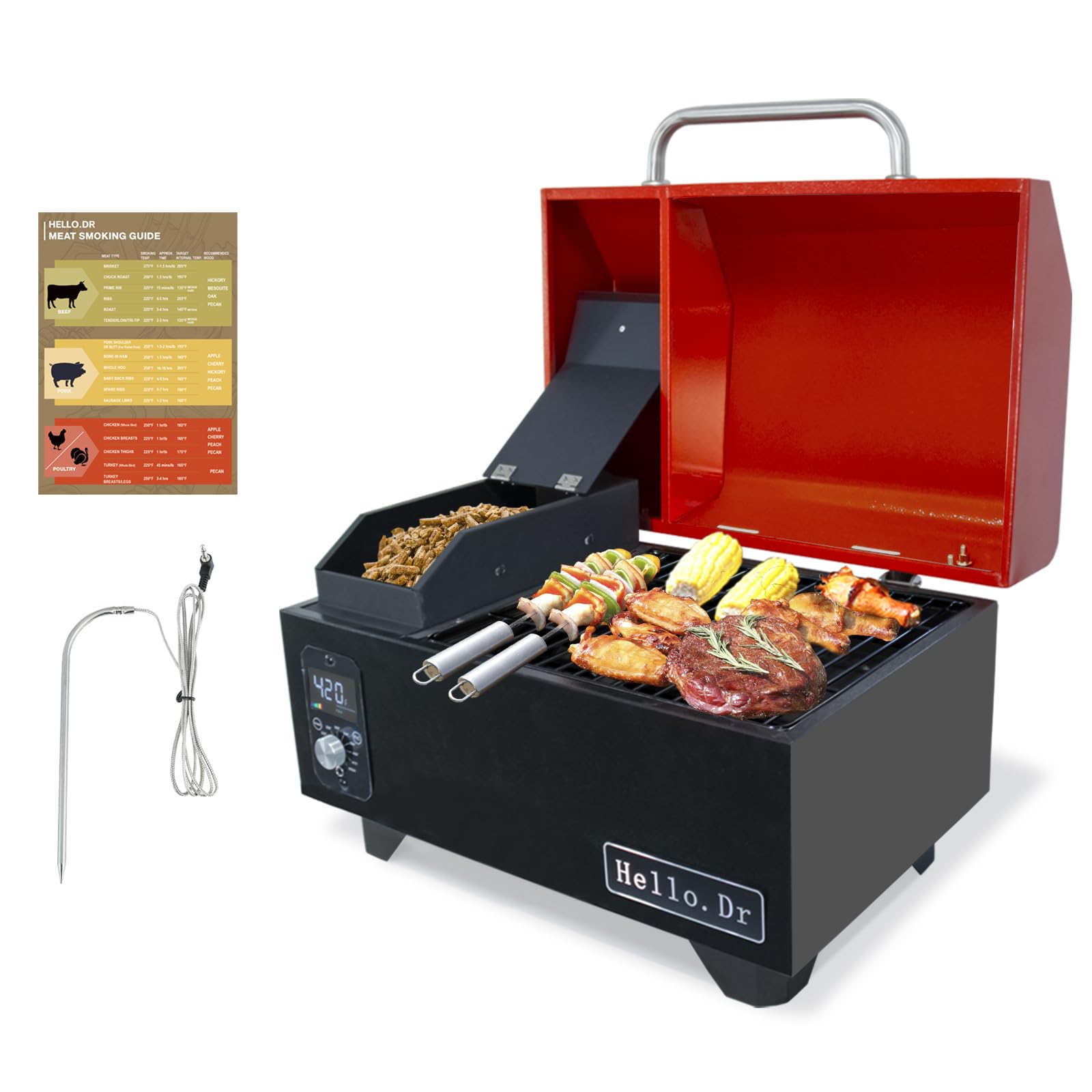 Portable Pellet Grill, Pellet Smoker with Digital Control, LED Screen, Meat Probe,for Outdoor Camping & Backpacking - Lightweight, Stainless Steel - Perfect for Hiking, RV, Red