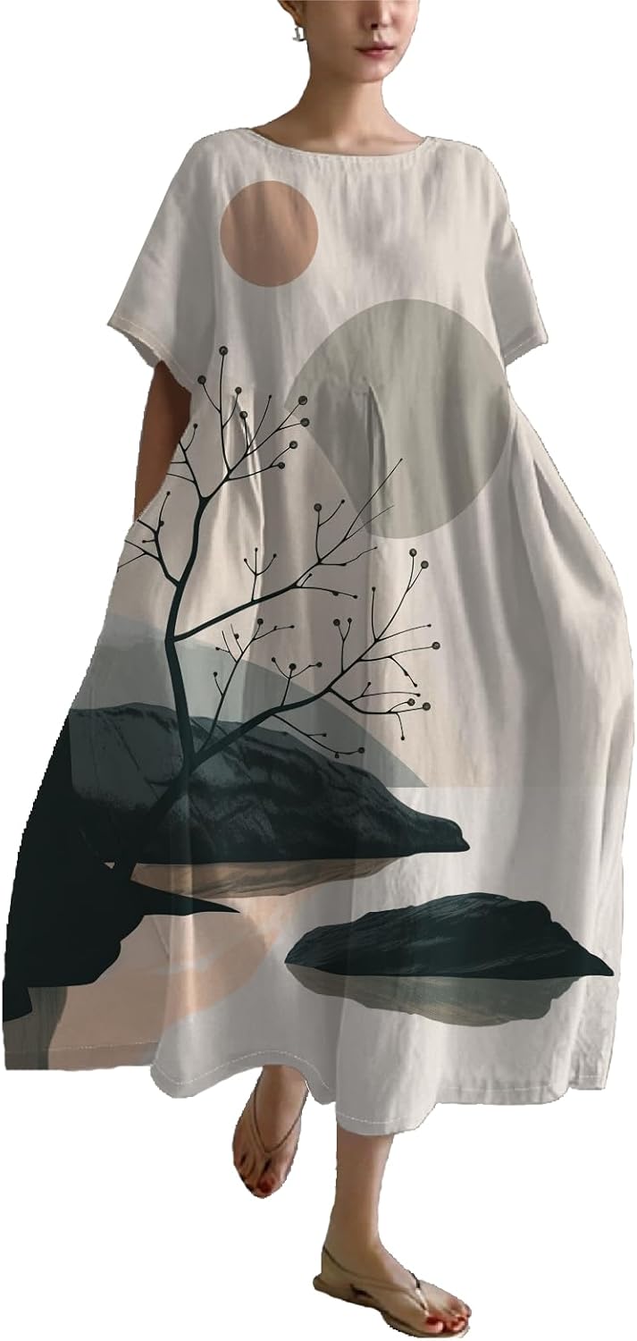 Summer Maxi Dress for Women Casual Plus Size Japanese Art Baggy Loose Fit Crew Neck Short Sleeve Beach Dress