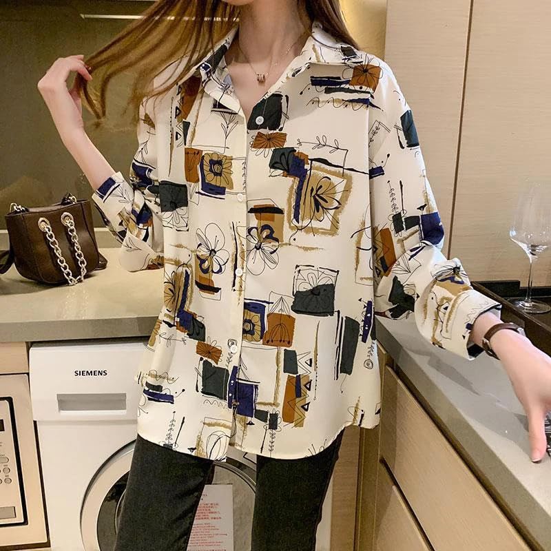 Image of ROYALICA Women's Short Sleeve Drop Shoulder Collared Blouse Button Down Graphic Print Blouse Shirts Top