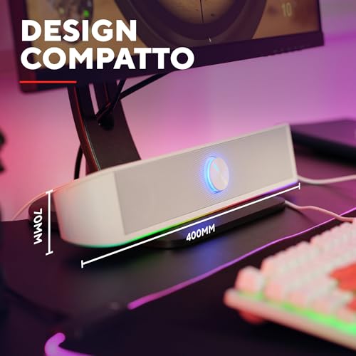 GXTrust 1619W Rhox Soundbar PC Illuminata RGB, 12W Casse PC Stereo Speaker con Illuminazione Regolabile, Alimentazione USB, Jack 3.5 mm, Altoparlanti per Computer Laptop TV, Bianco - Casse per PC - Immagine 2