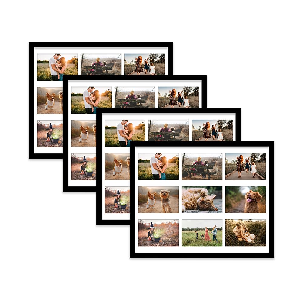Black Multi Photo Frame - Holds 9 x 6x4 Pictures, Family Collage Picture Frame for Wall Display, 20x16 Frame size, Set of 4