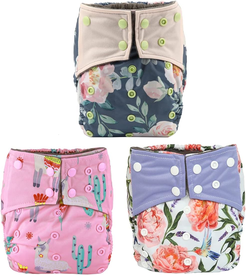 3 AIll in One Cloth Diapers Nappies for Night AIO Sewn in Insert Reusable Washable (Flower Set)