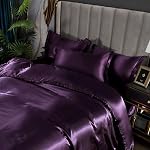 Ensemble de literie satinée Queen Deep Purple Silk Comme Satin Couvercle Couleur Luxury Soft Comforter Couture Adultes Chambre Décor Chic Luxueux Coupe de lit soyeux Zipper (1 Couverture de couettes + 2 Cas d'oreiller)