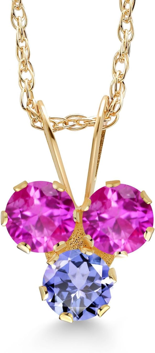 Gem Stone King 14K Yellow Gold Pink Sapphire and Blue Tanzanite 3-Stone Pendant Necklace For Women (0.42 Cttw, Gemstone September Birthstone, Round 3MM, 18 Inch Chain)