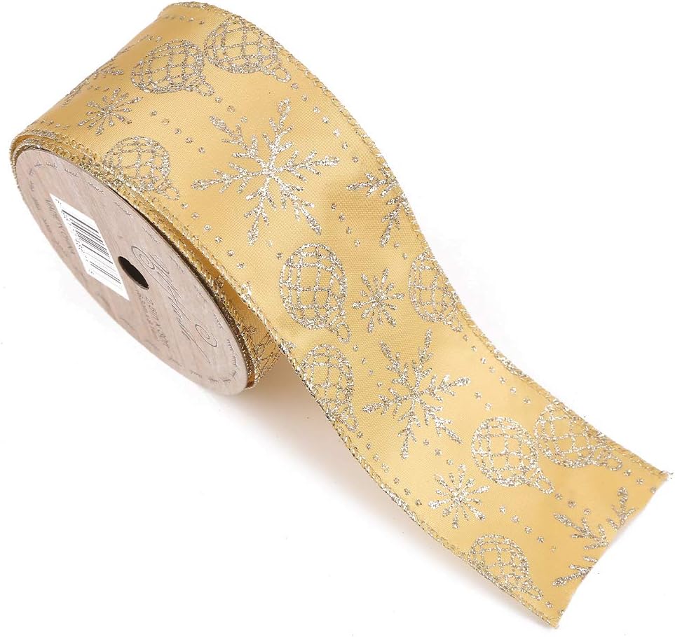 Wired Ribbon,2-1/2" x 10 Yd (Gold, Satin,Christmas Ball)