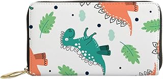 Carteira feminina de couro genuíno padrão folhas de dinossauros porta-cartão de crédito com zíper organizador de embreagem de couro feminino bolsa longa de viagem, Estampa de folhas de dinossauros, 7x4.3x0.8 Inches
