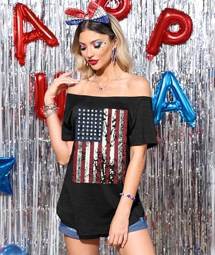 July 4Th Womens Off Shoulder American Flag Top Short Sleeve Summer Patriotic T Shirt S #TOP6