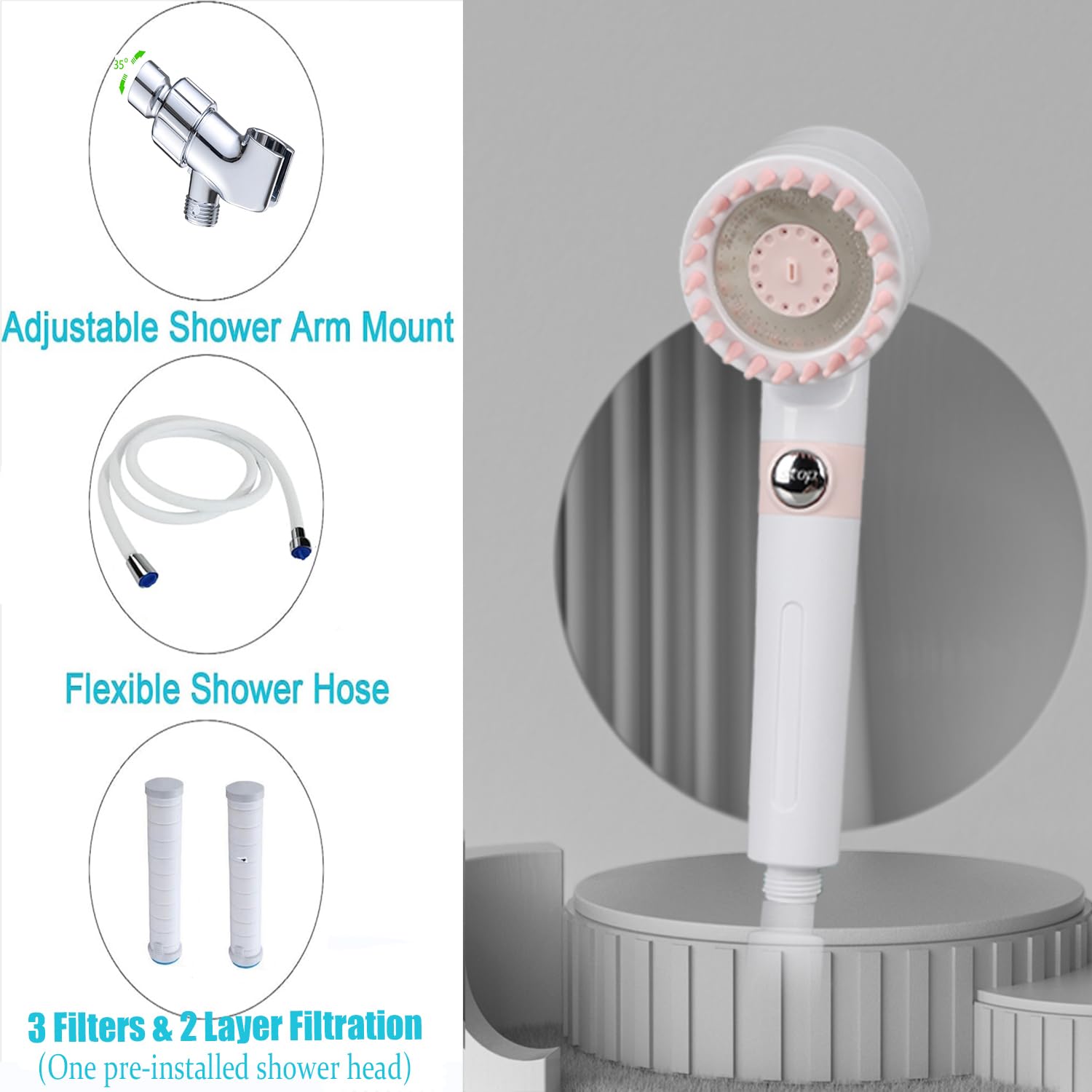 Soffione doccia con palmare, Soffioni doccia ad alta pressione, flusso elevato anche con bassa pressione dell'acqua - Set soffione doccia a mano a 3 modalità con tubo di ricambio/staffa/filtri in