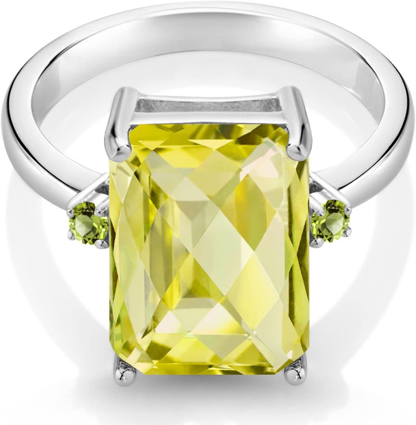 Gem Stone King 6.95 Cttw Yellow Lemon Quartz and Green Peridot Ring For Women | 925 Sterling Silver | Emerald Cut Checkerboard 14x10MM | Wedding Engagement Anniversary Promise Ring For Women