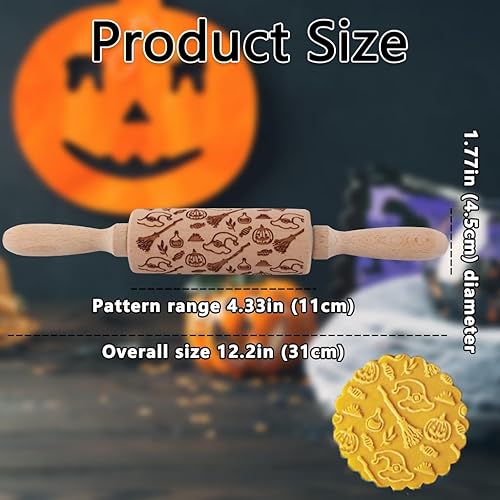 Miniatura 2 de Rodillo en relieve de Halloween para galletas, rodillos de madera, diseños espeluznantes para hornear de Halloween, rodillos de madera en relieve (C)