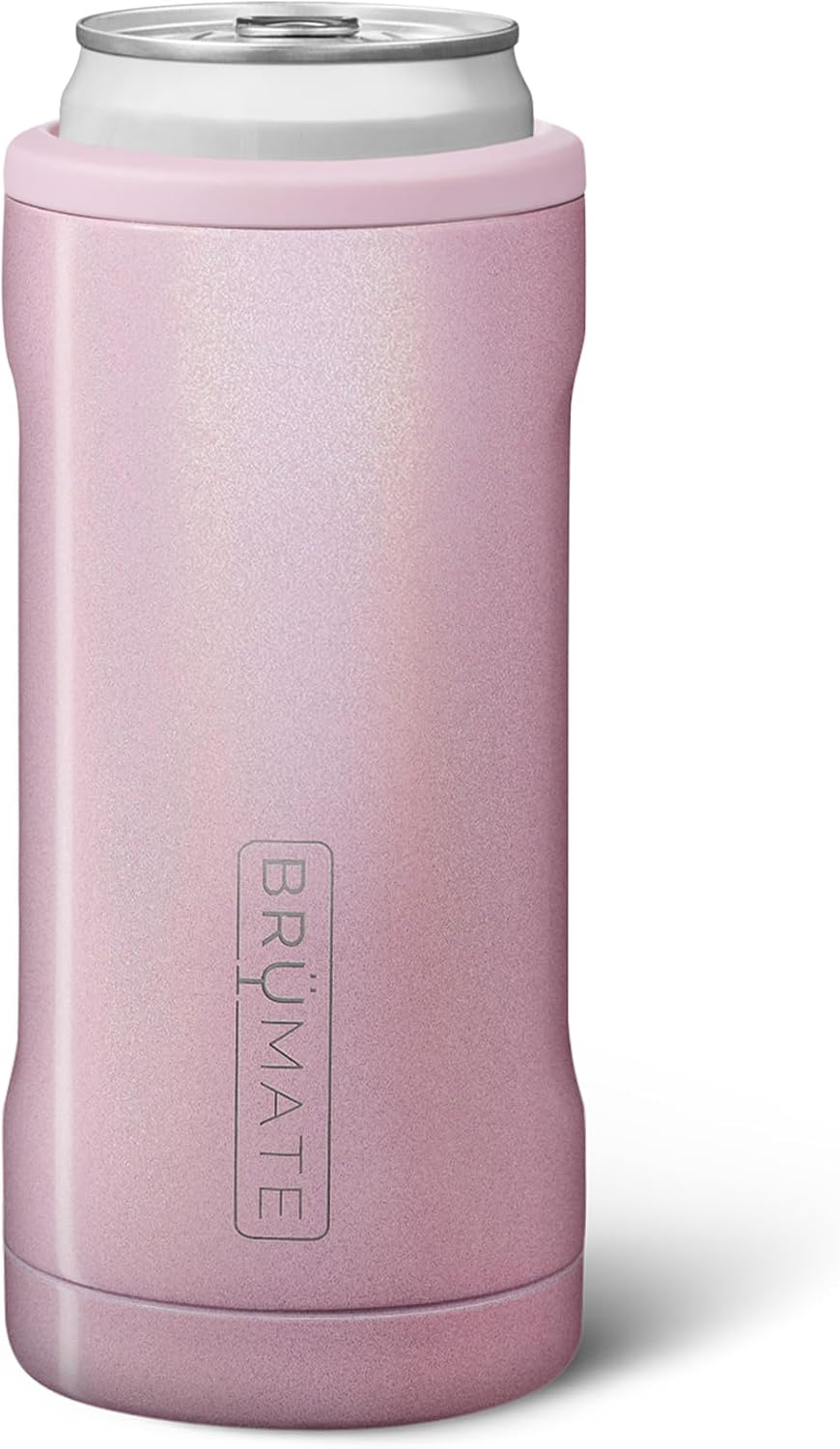 BrüMate Hopsulator Slim Can Cooler Insulated for 12oz Slim Cans | Skinny Can Insulated Stainless Steel Drink Holder for Hard Seltzer, Beer, Soda, and Energy Drinks (Glitter Blush)