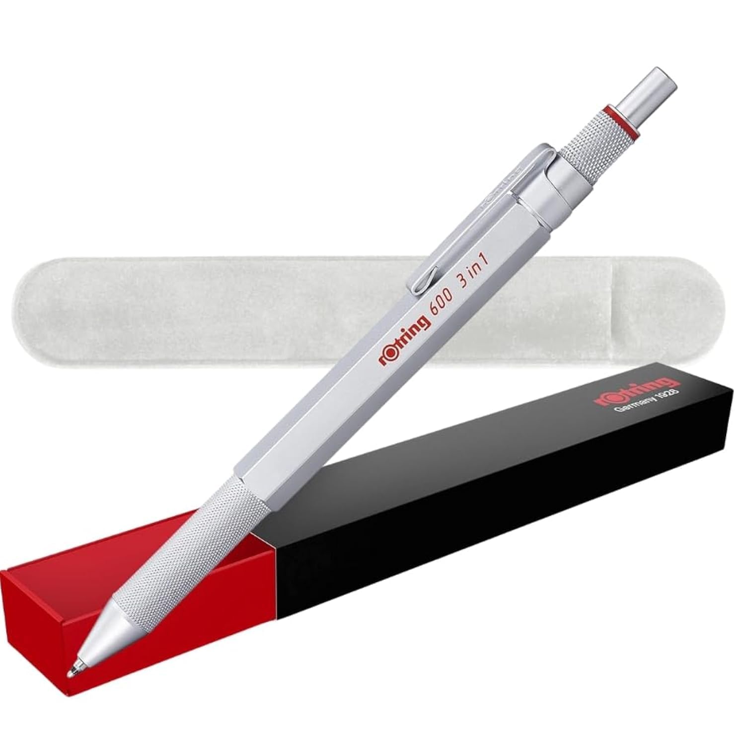 rOtring 600 bolígrafos y portaminas multicolor 3 en 1 | Puntas de bolígrafo negras y rojas | 1 punta de lápiz (0,5 mm) | Estuche de terciopelo