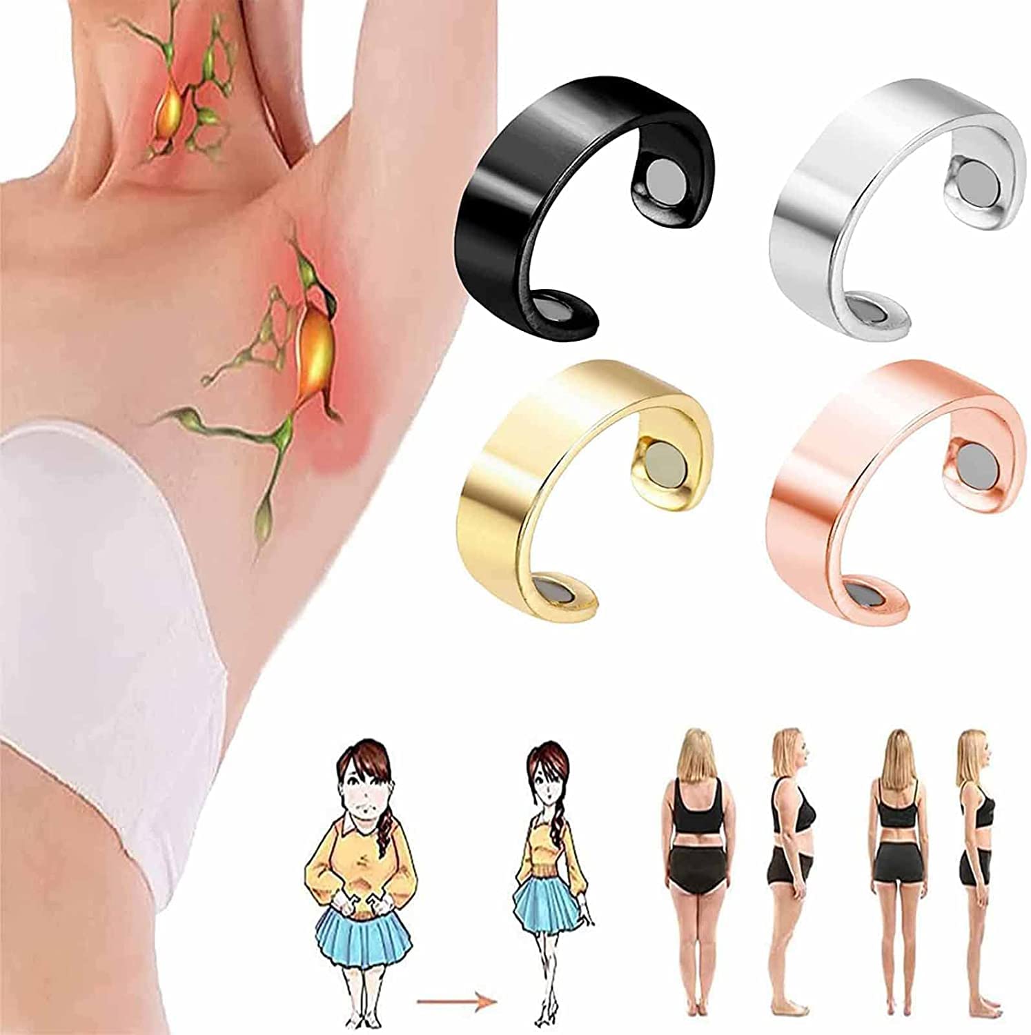 DUHANXI 4 Pcs Nighttime Men's Therapeutic Magnetic Ring with Delicate Coral Flannel Bag, Elegant Titanium Magnetic Therapy Ring, Copper Magnet Rings Opening Adjustabl, Improve Sleeping