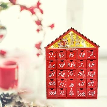 GUOOL Wooden House Shaped Christmas Advent Calendar for Kids LED Luminous Small Gift Candy Drawers 24 Storage Boxes Christmas Wooden Advent Calendar Bow Shape 24 Drawers Christmas Decoration Stuffer