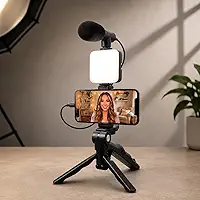 Kit de Gravação Completo com Tripé, Luz LED e Suporte para Celular – Ideal para Vlogs, Lives e Vídeos Profissionais Tripé com Luz LED e Microfone para Celular – Kit Vlogging Profissional Premium