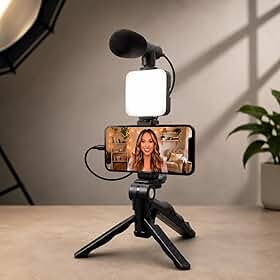 Kit de Gravação Completo com Tripé, Luz LED e Suporte para Celular – Ideal para Vlogs, Lives e Vídeos Profissionais Tripé com Luz LED e Microfone para Celular – Kit Vlogging Profissional Premium