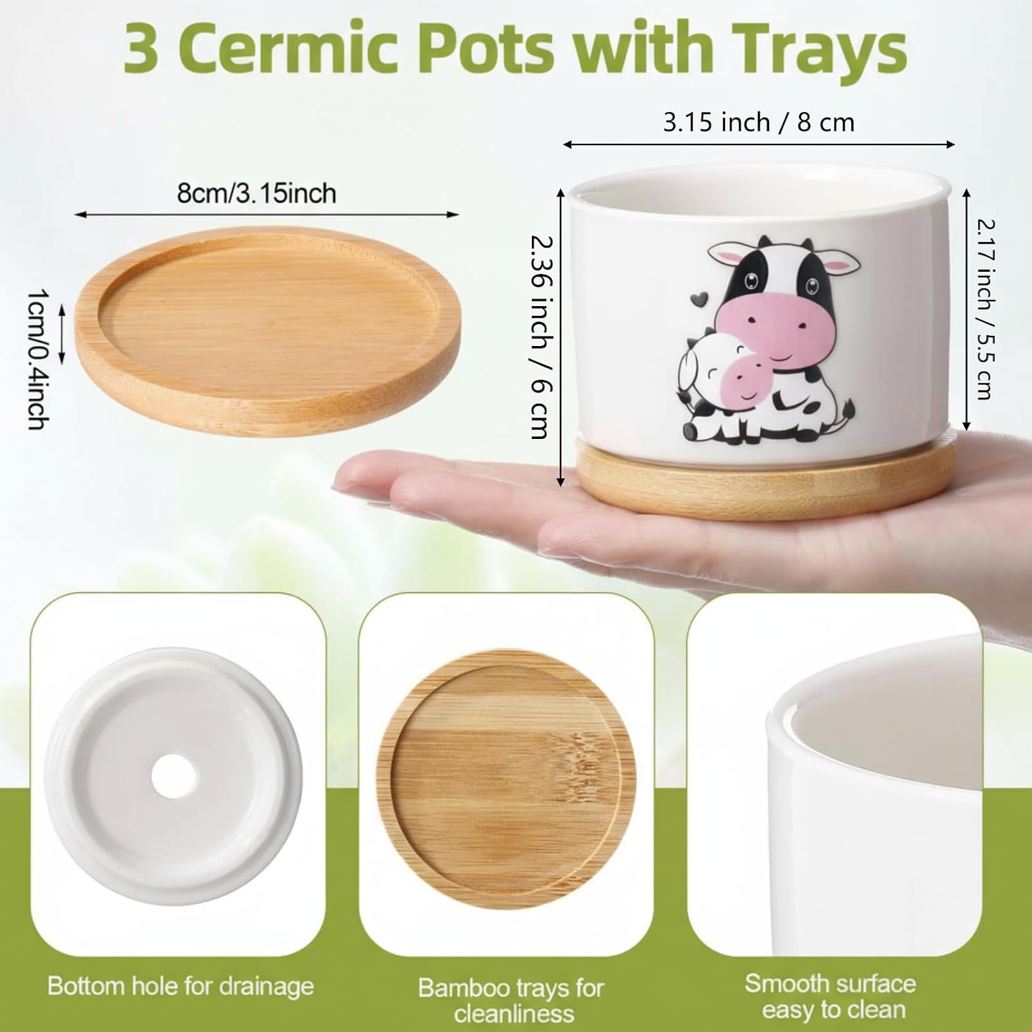 Vesici 3 Pcs Ceramic Succulent Planters with Trays, Animal Pots, Cow image 2