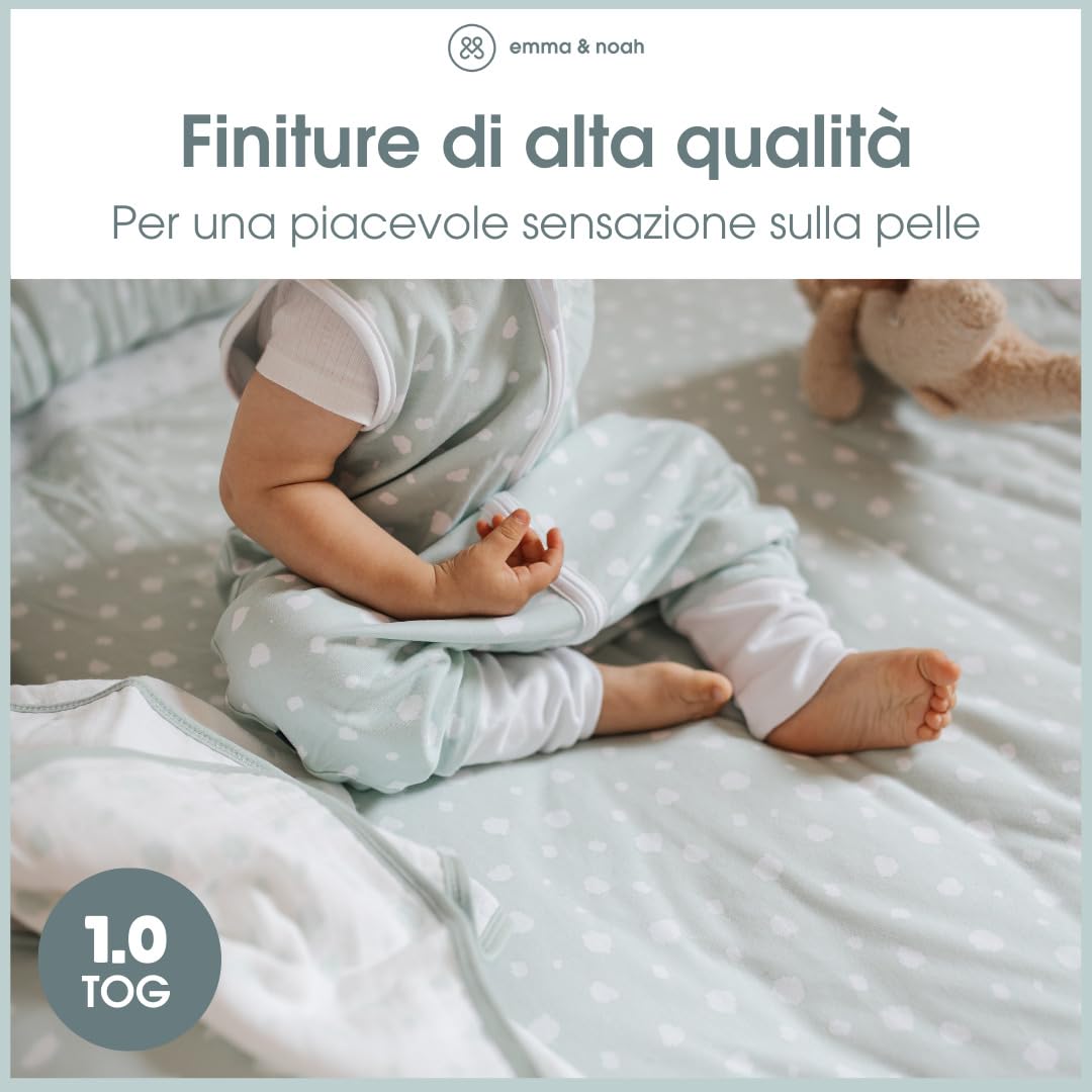 emma & noah Sacco nanna con piedi, 1.0 TOG, per tutto l'anno, con gambe, per primavera, estate e autunno, 100% cotone biologico, certificato Oeko-TEX (Essential Mint, 70 cm)