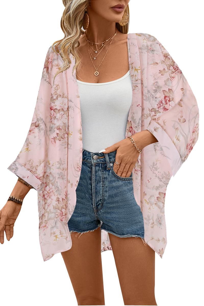 olrain Women's Floral Print Sheer Chiffon 3/4 Bat Sleeve Casual Loose Kimono Cardigan Capes