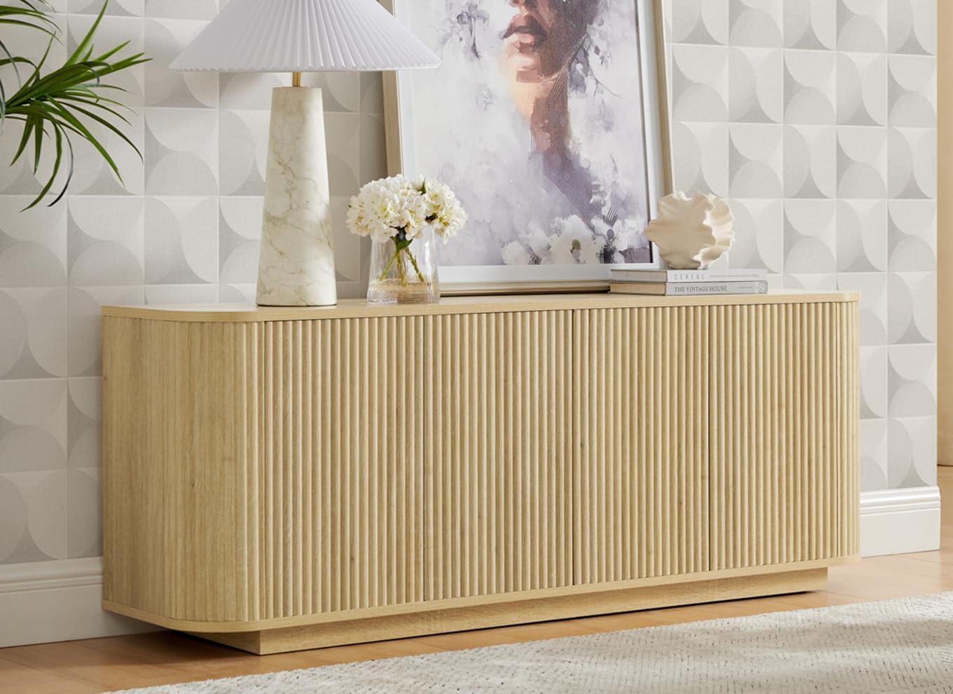 64" Sideboard Buffet Cabinet with Storage, Wooden Fluted Storage Cabinet Sideboard Credenza with Adjustable Shelves Pressed Spring for Kitchen Living Room (Natural Oak)