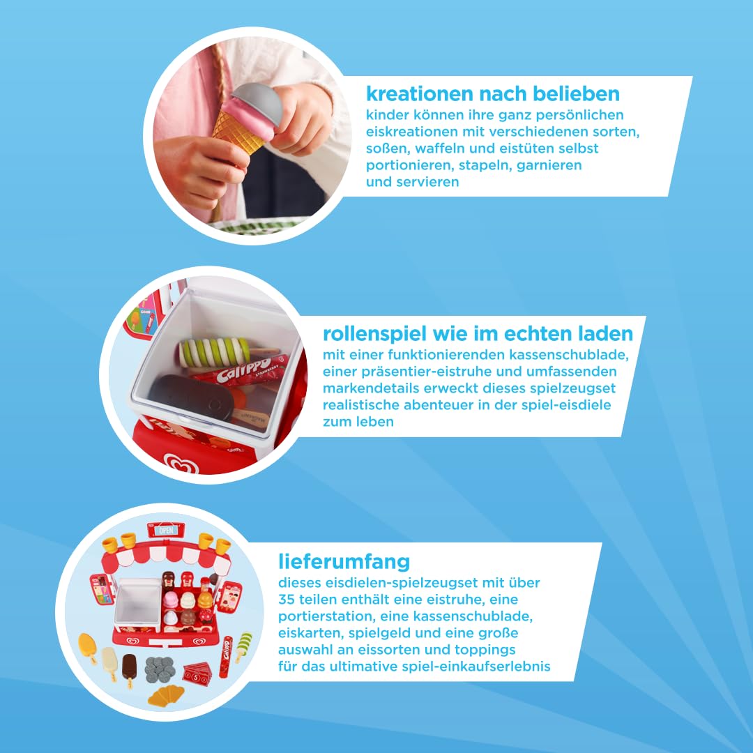 Authentisches Langnese Eisdielen-Spielset von Casdon | Spiel-Eisstand für Kinder ab 2 Jahren | Mit Eistruhe, Eiskugel-Theke, Spielgeld und über 35 Teilen