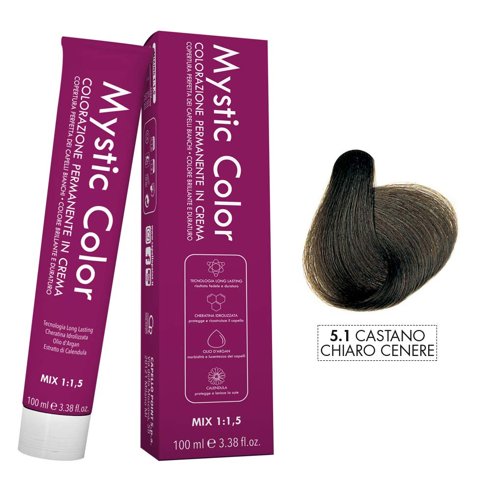 Mystic Color - Permanent Cream Colouring with Argan Oil and Calendula - Long Lasting Hair Dye - Light Ash Brown Color 5.1-100ml