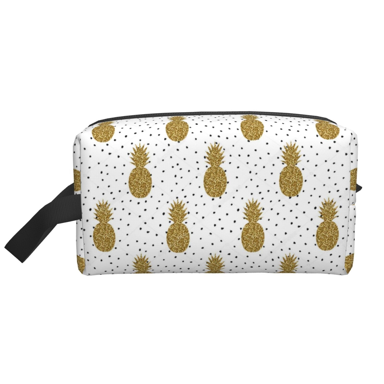 Ercgad Unisex White Gold Glitter Pineapples Fruit Print Large Capacity Travel Toiletry Bag Cosmetic Pouch Daily Storage Makeup Case
