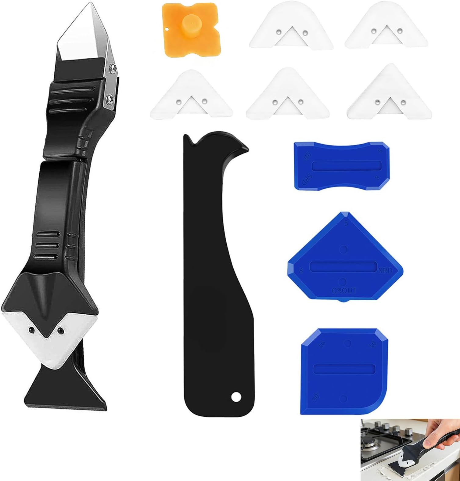 11 Pcs 3 in 1 Caulking Tool Set,Silicone Remover Tool,Sealant Remover Scraper with Stainless Steel Head 5 Replaceable Silicone Pads 3 Finishing Tools Sealant Removal Kit for Bathroom Kitchen Window