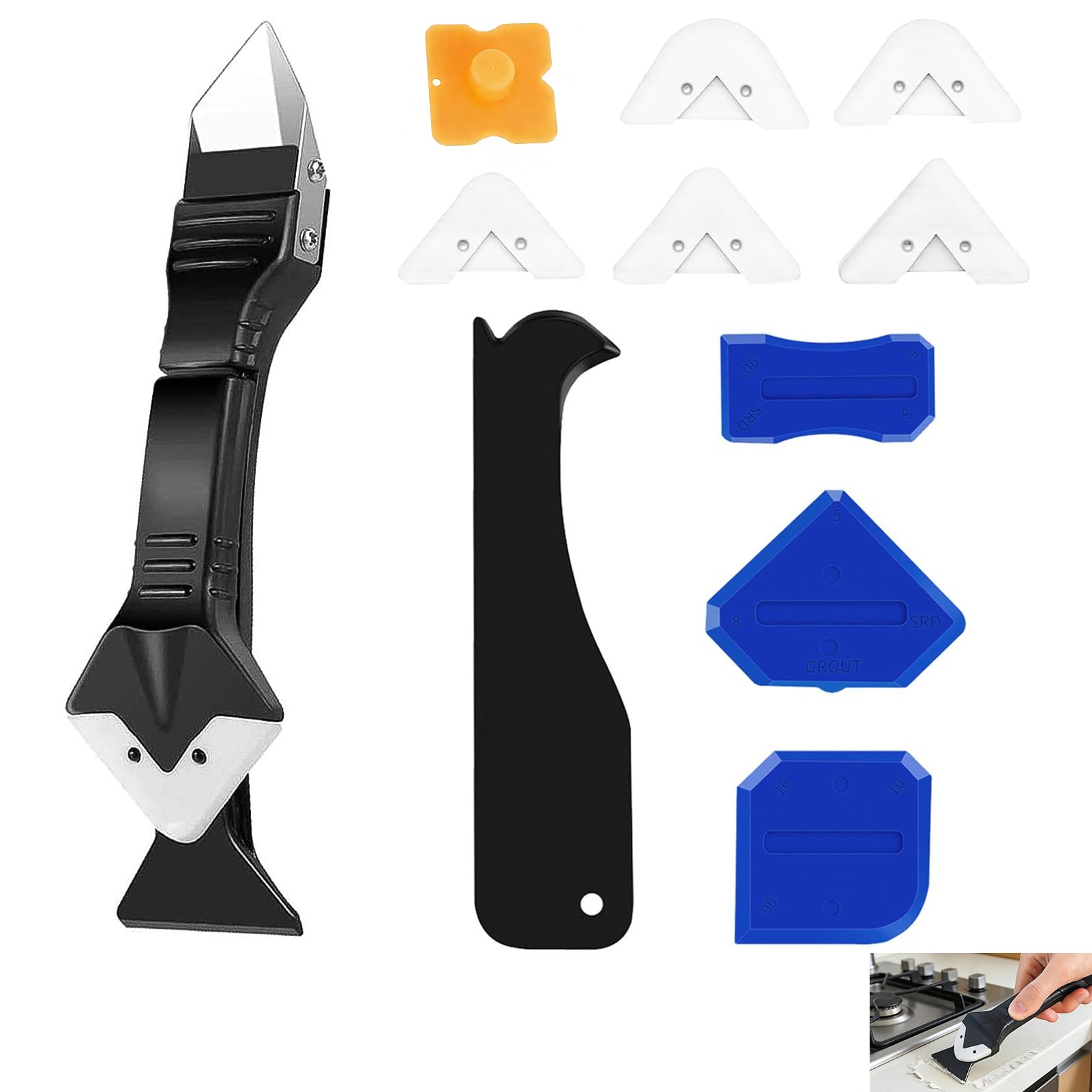 11 Pcs 3 in 1 Caulking Tool Set,Silicone Remover Tool,Sealant Remover Scraper with Stainless Steel Head 5 Replaceable Silicone Pads 3 Finishing Tools Sealant Removal Kit for Bathroom Kitchen Window