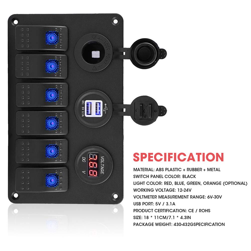 Doppia Presa USB XINCOL Per Auto - Voltmetro LED E Interruttore 12-24V