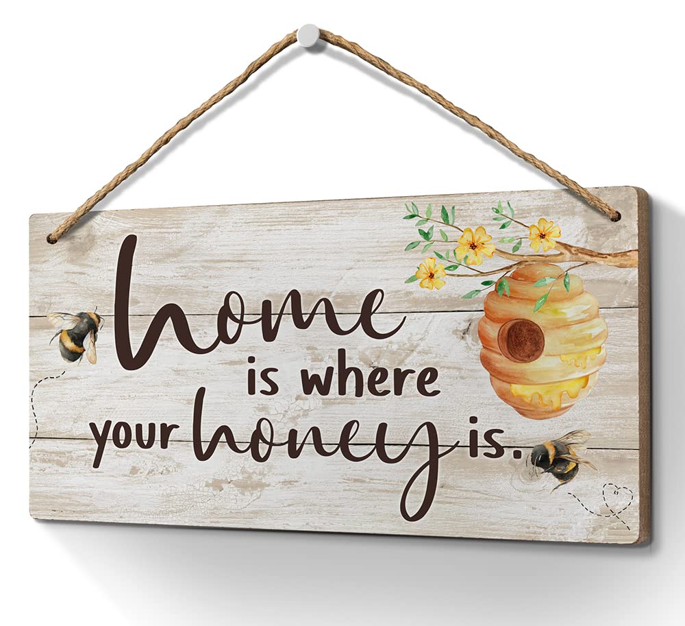Heuhuww Bee Decor-Home is Where Your Honey is Sign 6x12 Inch |Honeycomb Decor Hanging Wood Signs for Home Bathroom Living Room Office,Coffee Bar,HD Pictures Wall Art Prints
