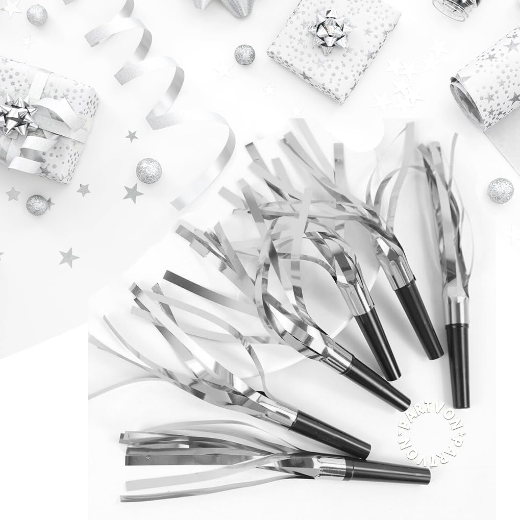 24 Pieces Silver Noise Makers Glitter Noise Makers Metallic Fringed Party Blowers for Adults Birthday Sporting Events New Years Party Favor Supplies
