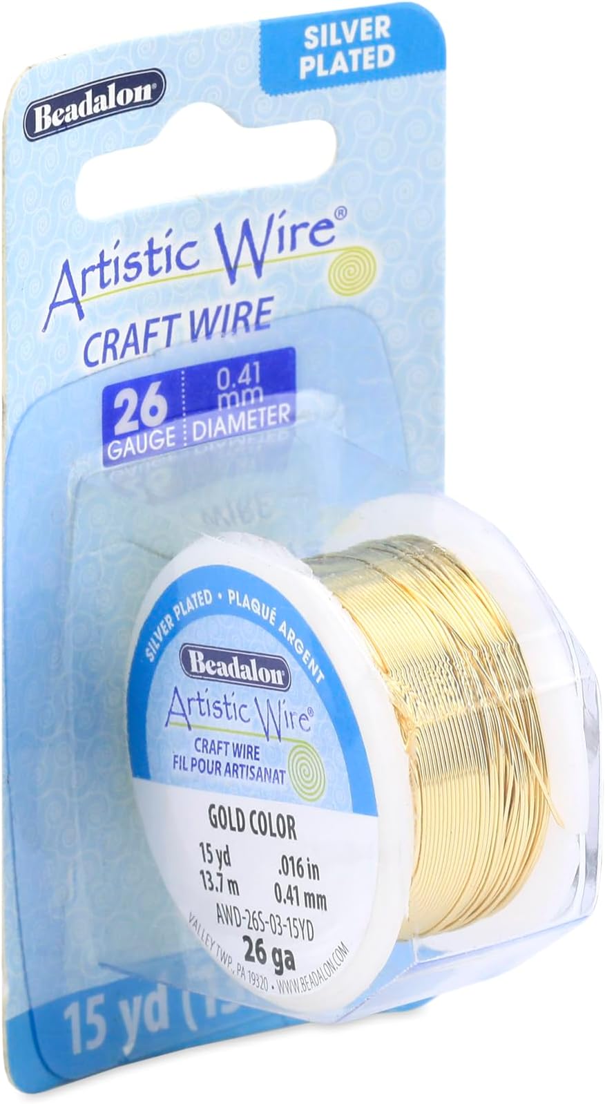 Artistic Wire, 26 Gauge Silver Plated Tarnish Resistant Colored Copper Craft Wire, Gold Color, 15 yd