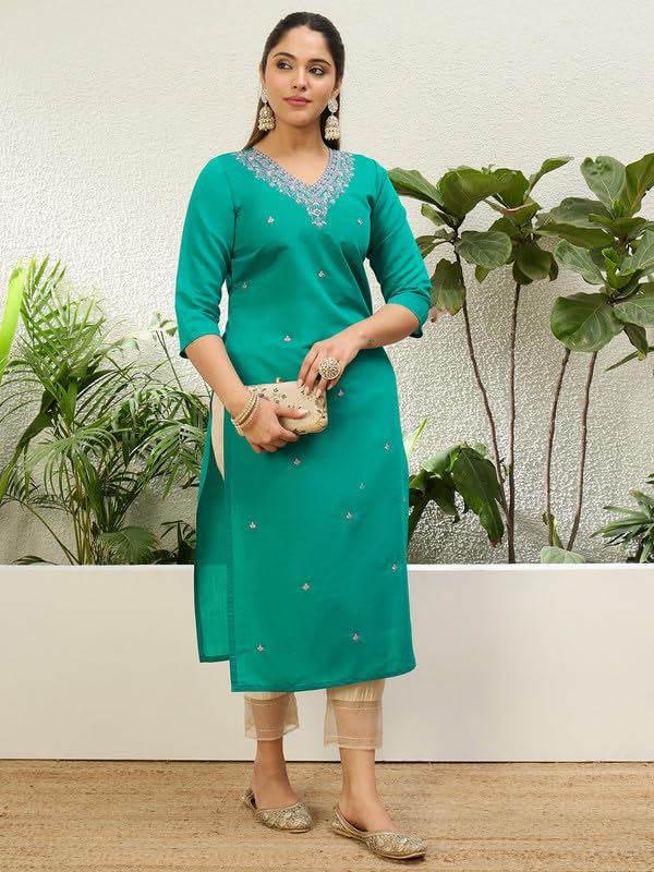 Image of Women's Silk Blend Embroidery Straight Kurta | Ethnic Kurtas for Women | Kurtis for Women Festive, Casual Office Wear Ethnic Kurta for Women