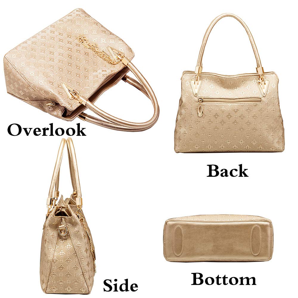 Bolso de mano de PU para mujer, bolso de mano, bolso de hombro con estampado de borlas, asa superior, titular de la tarjeta de embrague, Oro 4