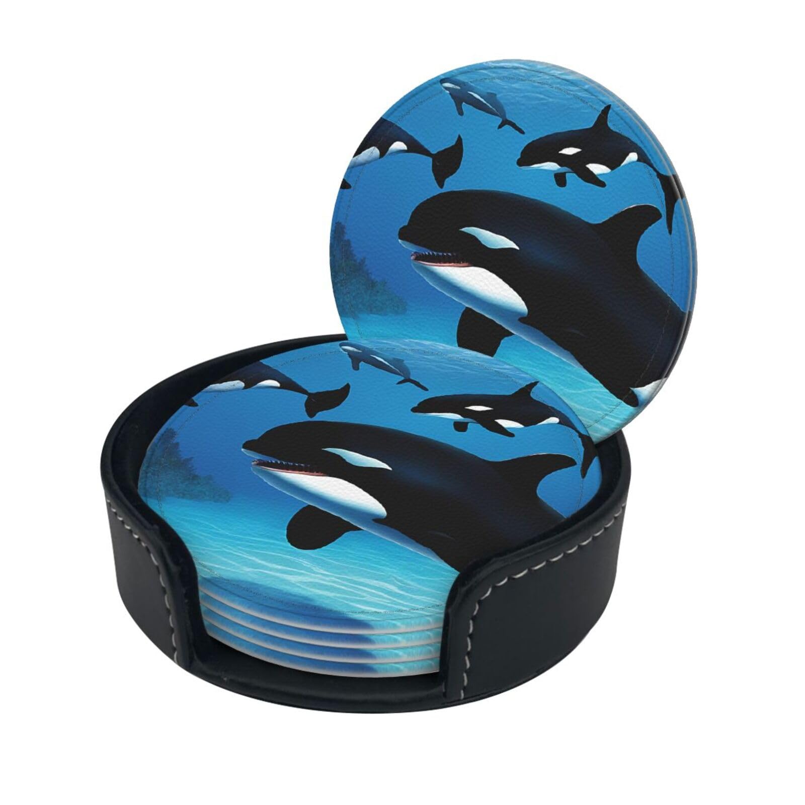 Killer Whales Swim Along Print Coaster,Round Leather Coasters with Storage Box for Wine Mugs,Cold Drinks and Cups Tabletop Protection (6 Piece)