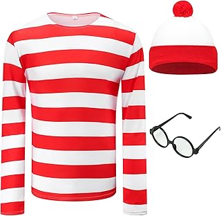 Adult Men Red and White Striped Tee Shirt Glasses Hat Outfit Suit Set, Halloween Cosplay Sweatshirt Eyewear Costume