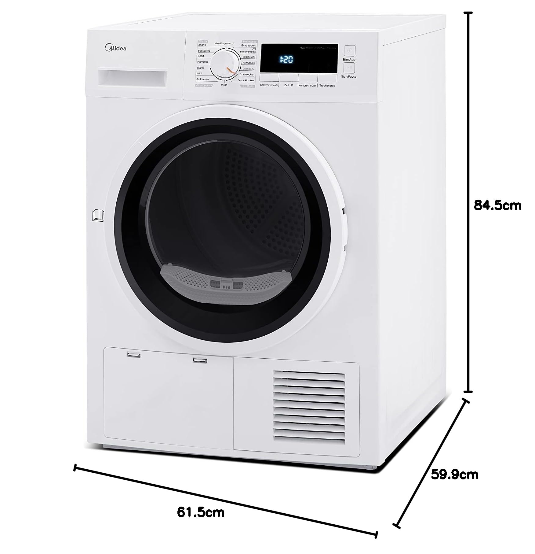 Midea Kondenstrockner T 3.8B / 8kg / B/Auto Dry/Knitterschutz/Reversierende Trommel/Startzeitvorwahl / 16 Programme, weiß