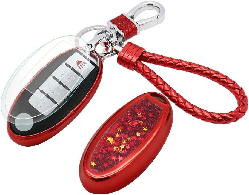 Sparkling Quicksand Key Fob Cover Full Coverage Protection Key Case Key Chain for Nissan Armada Murano Rogue Sentra Maxima Altima Sedan GT-R Pathfinder & Infiniti EX FX QX (Red)