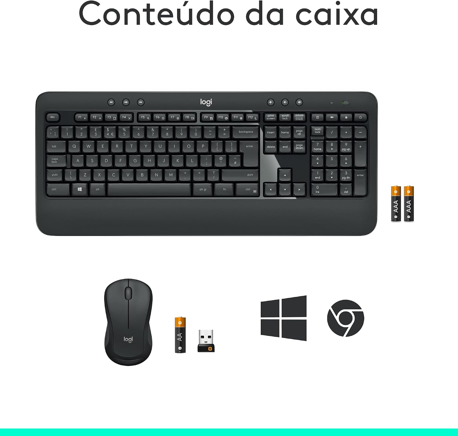 Combo Teclado e Mouse sem fio Logitech MK540 com Teclado com Apoio para as Mãos, Teclas de Mídia de Fácil Acesso, Mouse Ambidestro, Conexão USB, Pilhas Inclusas e Layout ABNT2