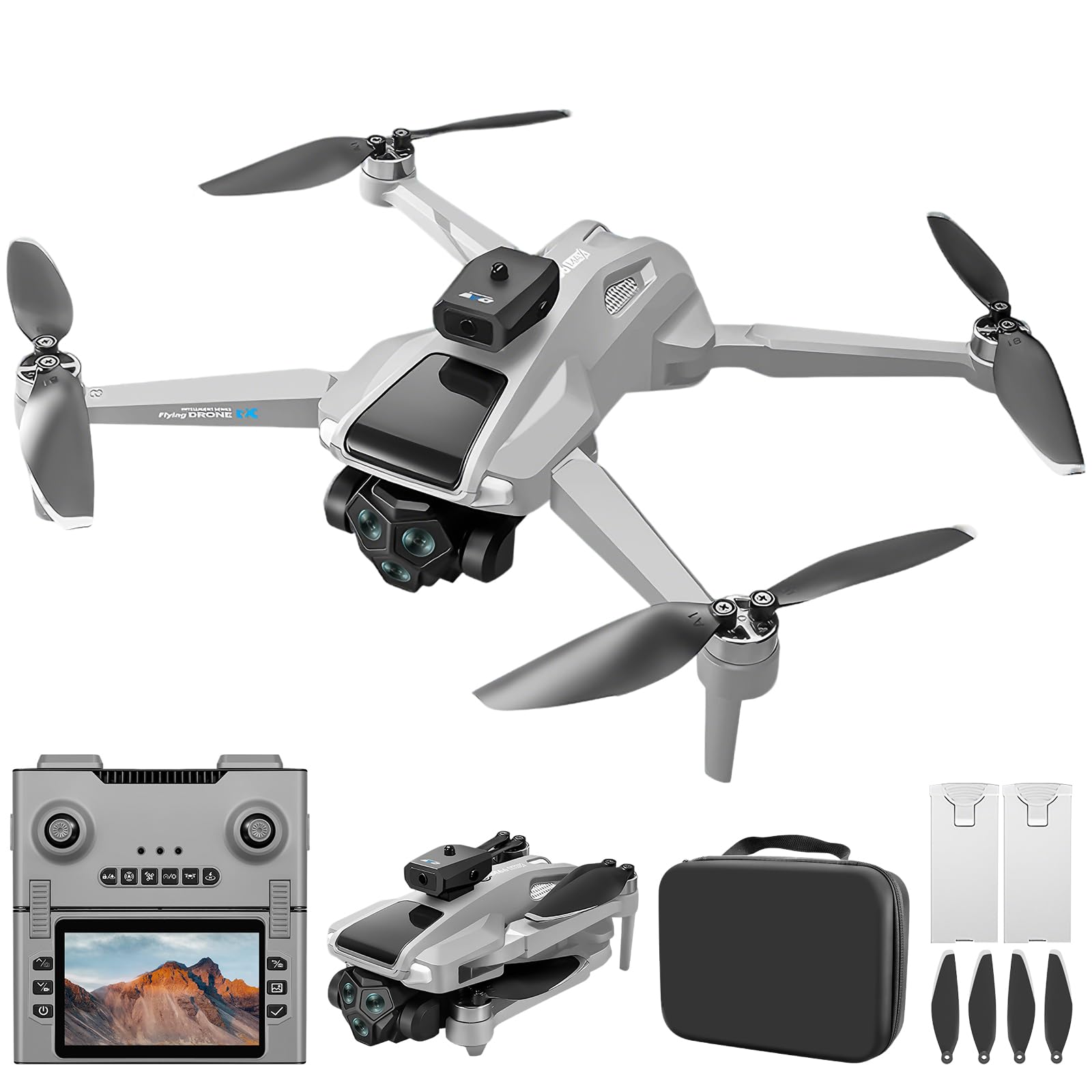 OBEST Drone GPS con Cámara 4K Adultos,5G WIFI FPV Dron Plegable con Pantalla 4.5" y 4GB,2 BaterÃa 50Min, Estabilizador Auto Seguimiento Retorno Follow Me SÃgueme, RC Helicóptero Gris