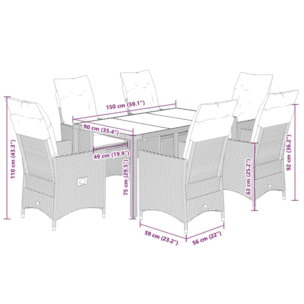 Set da pranzo in rattan, 6 pezzi, sedie regolabili con schienale alto e tavolo imbottito marrone, mobili da patio per terrazza e cortile, elegante gruppo di posti a sedere da giardino