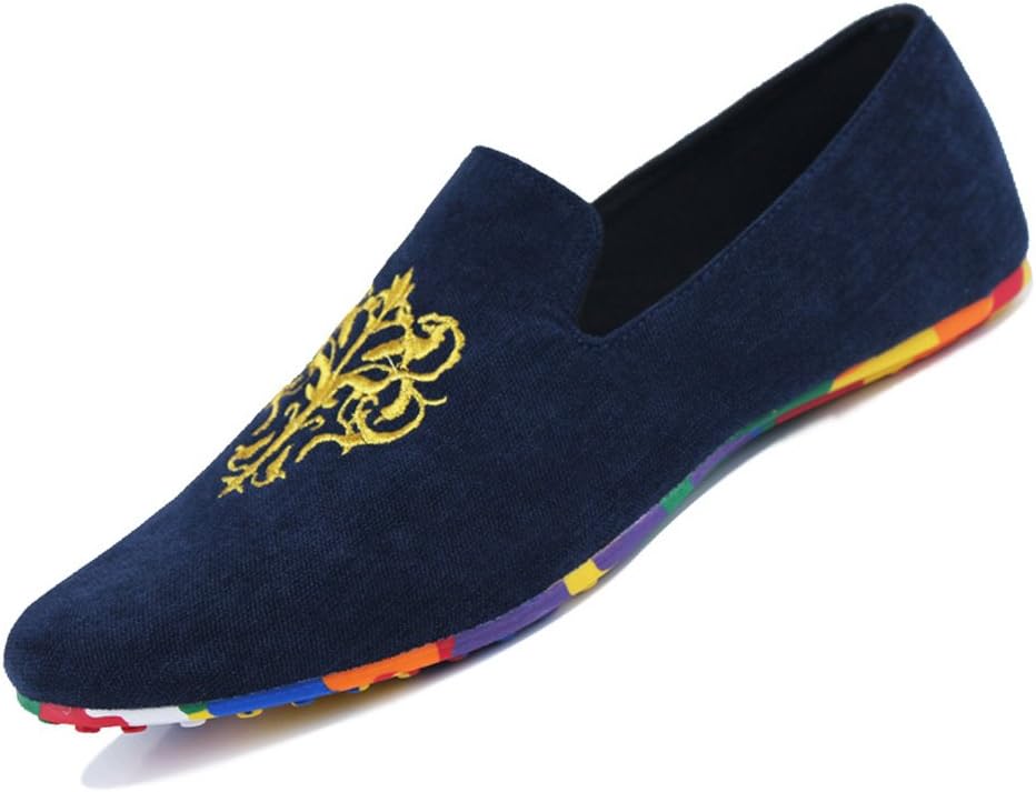 XiaoYouYu Men's Fashion Totem Embroidery Slip on Suede Loafers Blue, 9 UK